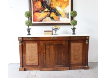 Unique Empire Style Marble Top Three Door Walnut Credenza - Retooled For Possible A/v Cabinet Use