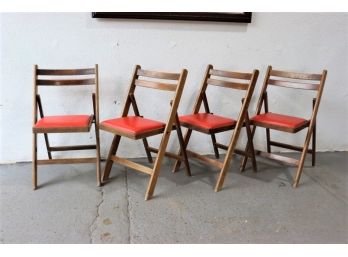 Four (4) Vintage Wooden Folding Chairs With Primary Red Vinyl Seat