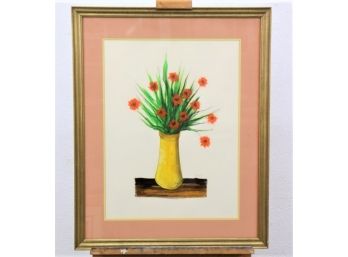 Yellow Vase With Orange Flowers - Gouache On Paper - Signed Paillard