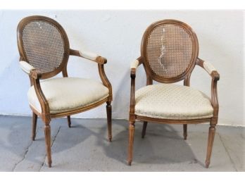 Two  LouisXVI Style Woven Cane Balloon Back Arm Chairs