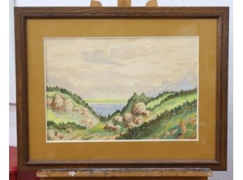 Original Watercolor Land, Water, Sky Landscape, Signed Bottom Right (Vtg. New Art Center Galley Label Verso)