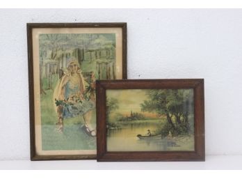 Two Vintage Framed Folksy Color Prints