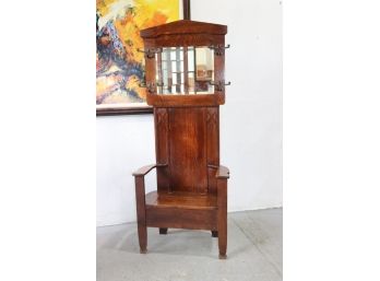 Vintage Craftsman Style Hall Tree - Oval Mirror And Storage Under Flip Seat, Oak