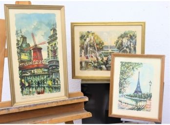 Trois French Icons Prints: Eiffel Tower (Ducollet), Moulin Rouge (Legendre), And Versailles (girard)