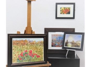 Colorful Quartet Of Framed Artwork - Flowers, Forrest, And Riverscape - With One Signed Photo Print