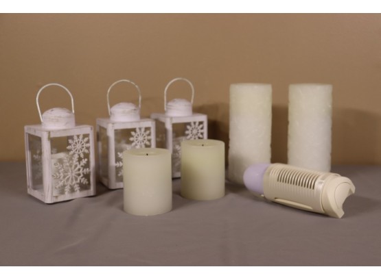 Group Lot Of Cute No-Flame Electric/Battery Pillar Candles, Some With Lanterns