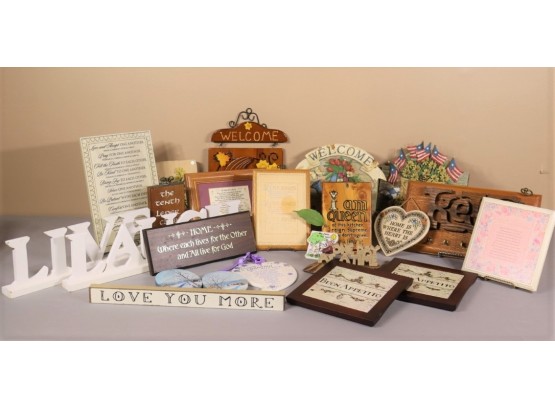 Group Lot Of Cute, Clever, Inspirational Decorative Wooden Hangings And Objets