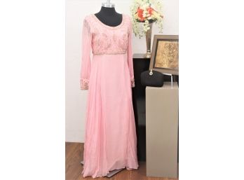 Pink Beaded Chiffon Maxi 60s Gown-size Small