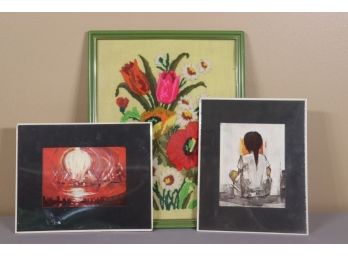 Wall Art Lot: Two Prints And One Framed Floral Needlepoint Art