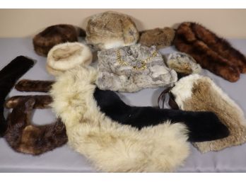 Assorted Lot Of Furs Bag , Collars, Hand Warmer, And Hats