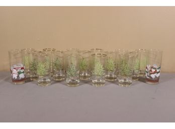 Group Lot Of Festive Holiday Highball Glasses - Snowy Trees And Skating Teddy Bears