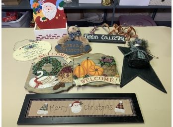 Group Lot Of Painted Wooden Folksy And Holiday Wall Hangers