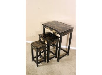 Trio Of Chinoiserie Black Lacquer Nesting Tables - Some Chips - Please Review Photos