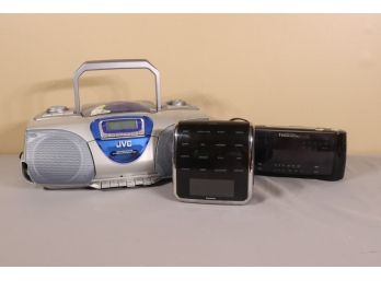 Group Of Three Devices: Brookstone Sleep Sounds , JVC Boom Box, Emerson Alarm Clock AM/FM
