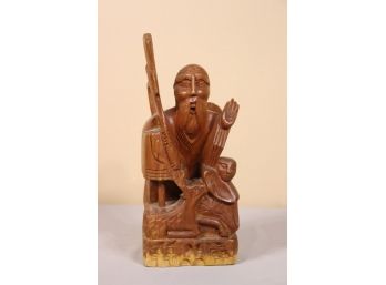 Hand Carved Asian Wise Elder With Doe, Child And Staff - Made In Thailand