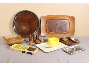 Groovy Group Lot Of MCM Wood And Metal Tabletop Objects, Trays, Fondue Forks, And More