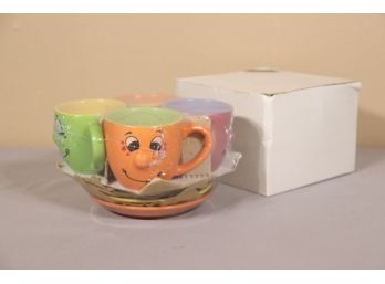 Four Funky Funny Face Mugs With Saucers And Sayings - Levtov - Still In Original Plastic