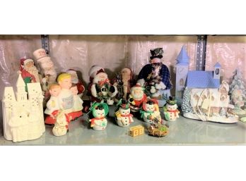#4 Shelf Lot Of Christmas Decorative Figurines (churches, Santas, Lil Snowmen, Etc)