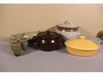 Group Of Ceramic Cookware And Cannisters - Ironstone Pottery Steamer, Covered Casserole, And More