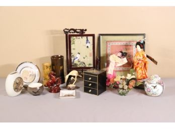 Collection Of Asian Decorative Treasures - Dolls, Framed Silks, Carvings And Ceramic