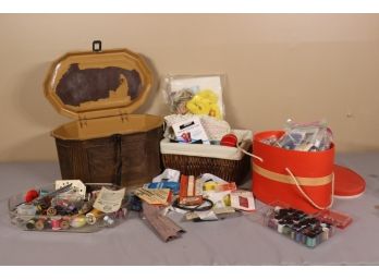 Great Group Of Vintage Sewing Materials, Thread Spools, Baskets, Needles, Buttons, Pins.......