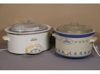Two Rival Slow Cooker Crock-pots - One Large Oval Smart Pot And One Round Basic In Blue & White