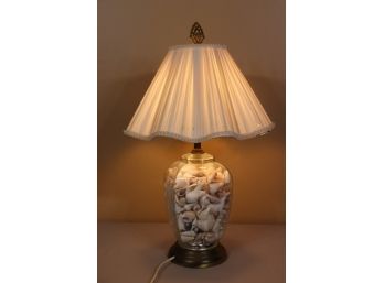 Sea Shell Filled Clear Glass Lamp With Scallop-edges Shade (Glass Lamp Base Is Cracked)