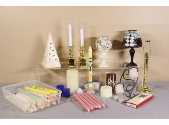 Group Lot Of Candles And Various Candleholders