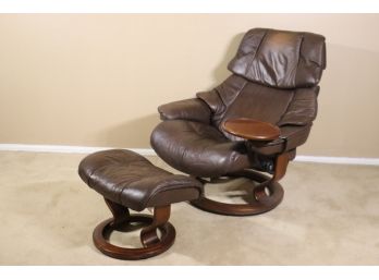 (3 Of 3) Ekornes Stressless 'Reno' Brown Leather Recliner Chair W/ Ottoman