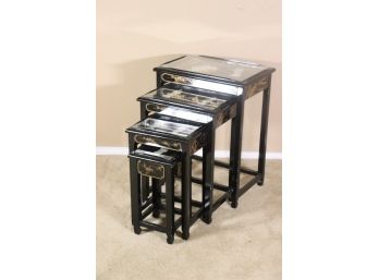 Four Chinoiserie Black Lacquer Glass Topped Nesting Tables - Geisha Imagery