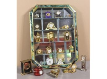 Collection Of Miniature Clocks In Mirrored Hanging Curio