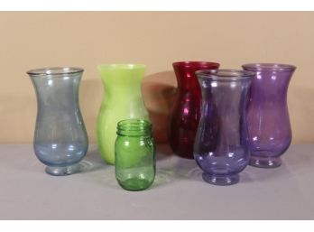 Group Lot Of Colored Glass Vases And Hurricanes, With A Mason Jar To Keep It Real