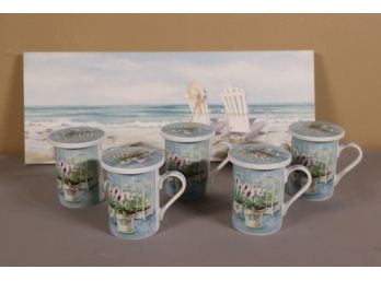 Masterpiece Collection 4 Mug, 4 Mug Topper, And Mug Hanger Set - Flowery And Beachy