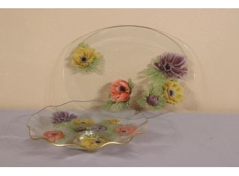 Decorative Floral Glass Oval Tray And Wavy Bowl