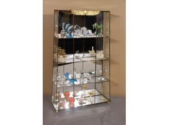 Glass Figurine Miniature Collection In Open Rod & Mirror Tabletop Display