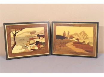 Pair Of Marquetry Wood Cut Montage Landscapes, Made In Italy