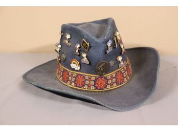 Souvenir Travel Pins On A Stagecoach Denim Cowboy Hat