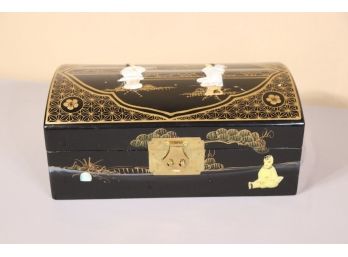 Black Lacquer Japanese Ornate Inlay Jewelry Box - Dome Top And Red Lining