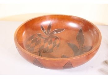 Turned Wood Fruit Bowl With Decorative Botanic Engraving