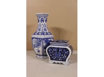 Bombay Company Blue & White Lidded Candle Jar And Blue & White Hexagonal Vase