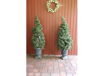 Two Faux Small Evergreens In Fluted Pedestal Standing Pots