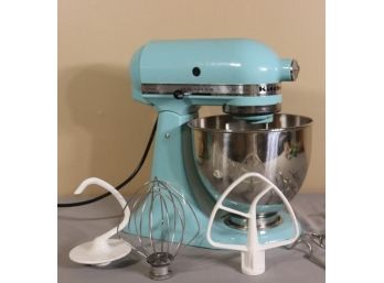 Blue Kitchenaid Artisan Stand Mixer With Stainless Steel Bowl And Mixing Attachments
