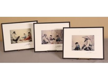 Trio Of Japanese Wood-Cut Watercolor Print Reproductions, Signed And Framed