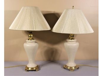 Two Ivory Tone Lamps With Brass Base And Finial - Braided Pleat Flare Shades