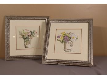 Pair Of Framed Flower Bouquet Color Sketch Prints By  L.David