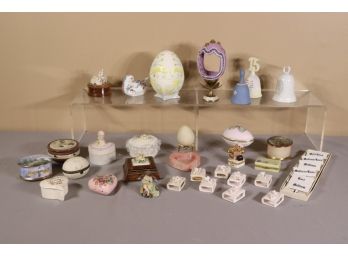 Miscellaneous Group Lot Of Prcelain Music Boxes, Bells, Eggs, And More