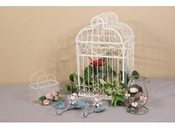 Decorative Wire Birdcage And Basket And Painted Metal Flowers