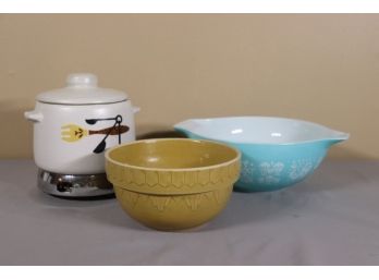 Two Mixing Bowls - Pyrex Butterprint Turquoise &  Americana General Mustard Deco - And Ceramic Electric Warmer