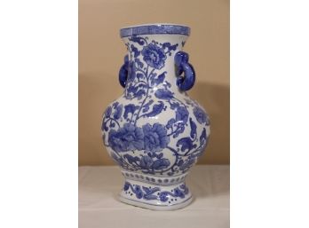 Blue & White Oblong Scroll Handle Vase Bombay Co.