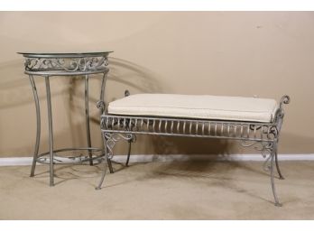 Bent Wrought Iron Bench With Cushion And Glass Topped Oval Side Table